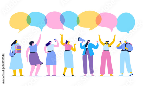  Feminist movement flat vector illustration. Girl power, feminism, happy woman with megaphone isolated on white background.