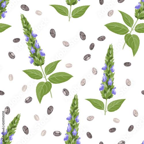 Chia plant and seeds seamless pattern on white background. Vector illustration of healthy vegan food in cartoon flat style.