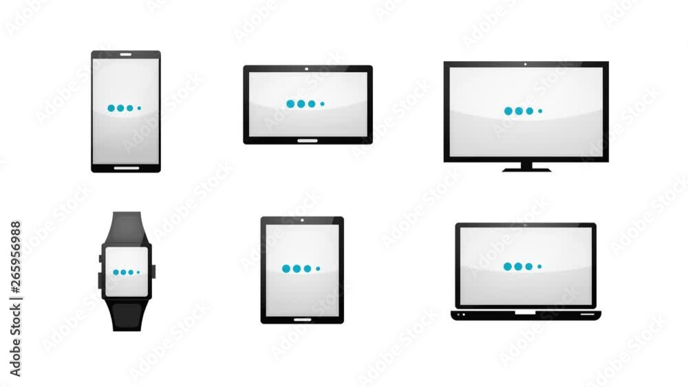 Multiple Devices Loading Technology Icons Set/ 4k animation of a pack of multiple devices technology icons and symbols, including smartphones, table pc, laptop, watch and screen for business Multiple Devices Loading Technology Icons Set/ 4k animation of a pack of multiple devices technology icons and symbols, including smartphones, table pc, laptop, watch and screen for business