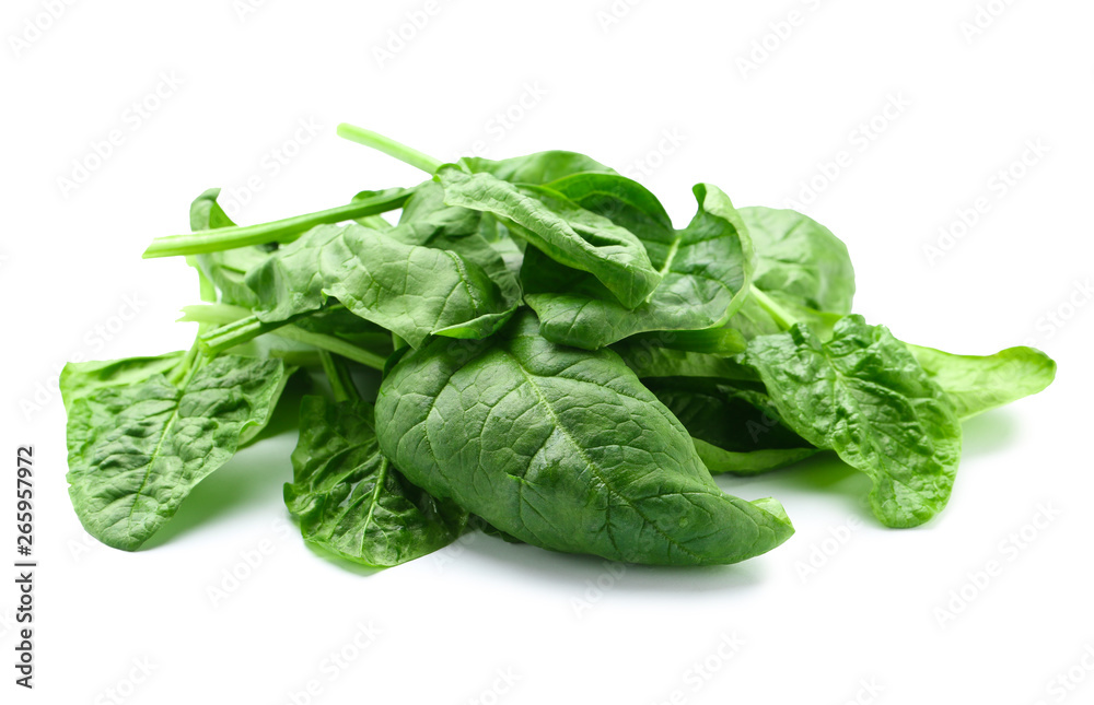 Fototapeta premium Pile of fresh spinach leaves isolated on white