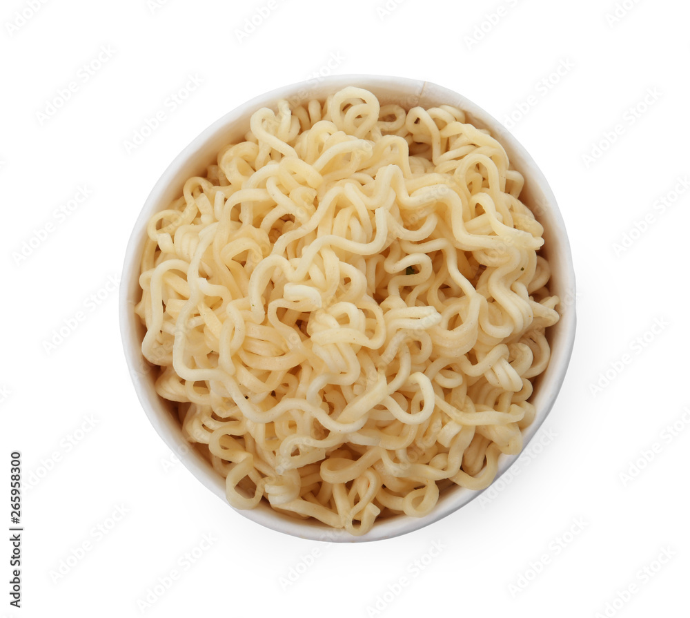 Paper cup of instant noodles isolated on white, top view Paper cup of instant noodles isolated on white, top view