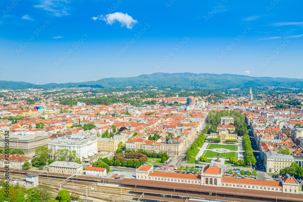 Zagreb, Croatia, aerial shot of historic city center, famous horseshoe parks, central train station, art pavilion and cathedral in background
