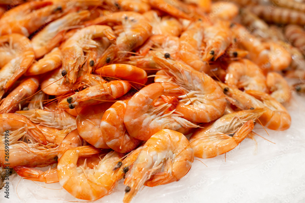 Big fresh natural shrimps on ice. Close up of traditional premium seafood Big fresh natural shrimps on ice. Close up of traditional premium seafood