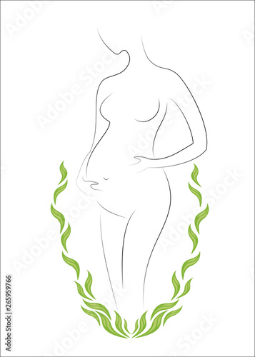 Silhouette of a beautiful lady. The girl is slim and elegant. Near it there are green leaves and a green background. Suitable for cosmetics advertising. Vector illustration