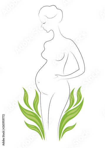 Silhouette of a beautiful lady. The girl is slim and elegant. Near it there are green leaves and a green background. Suitable for cosmetics advertising. Vector illustration
