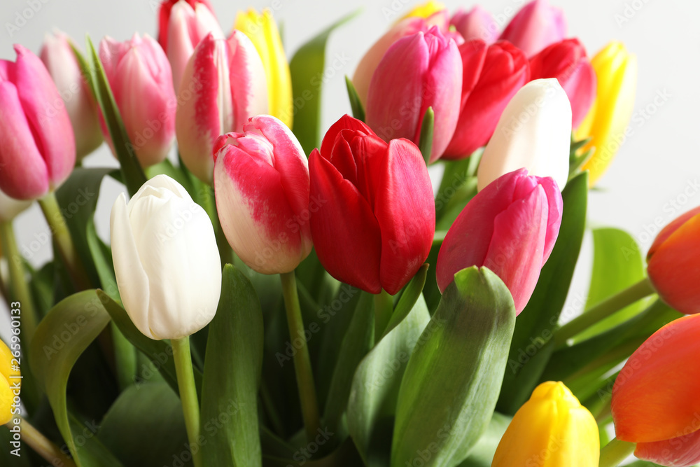 Beautiful bouquet of bright tulip flowers on light background, closeup Beautiful bouquet of bright tulip flowers on light background, closeup