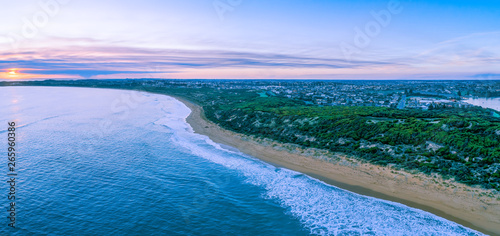 Aerial panorama of sunset over Warrnambool Ocean coastline in Victoria, Australia