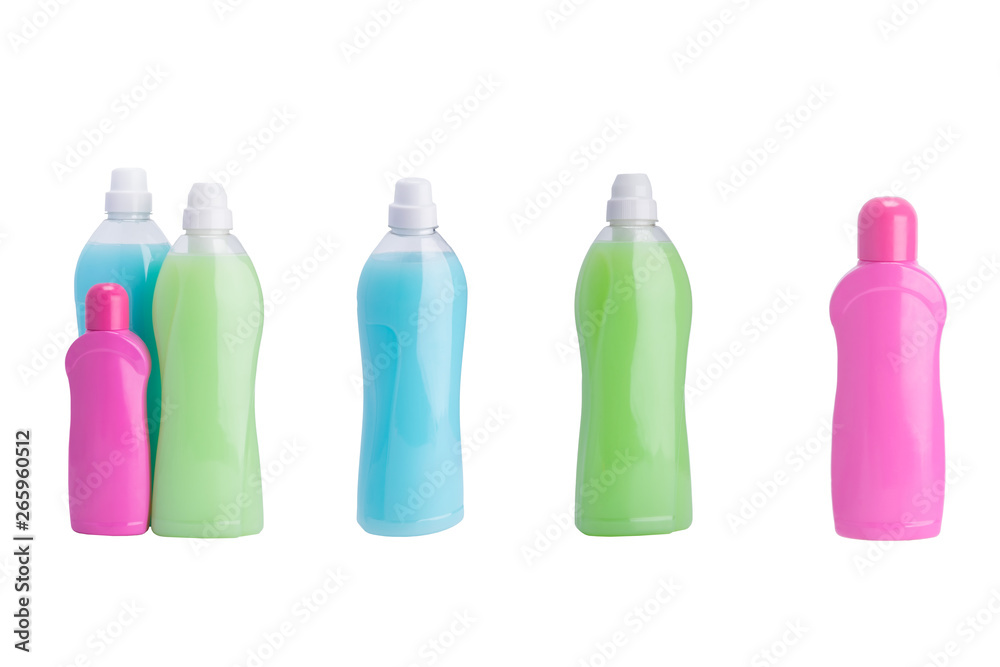 set of multi-colored bottles with detergents, collage and isolated on white set of multi-colored bottles with detergents, collage and isolated on white