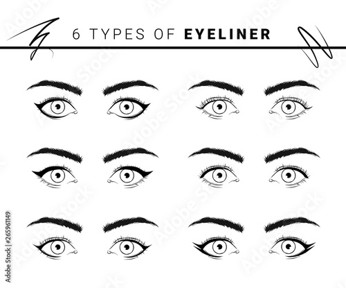 Vector illustration of various types and styles of eyeliner on white background