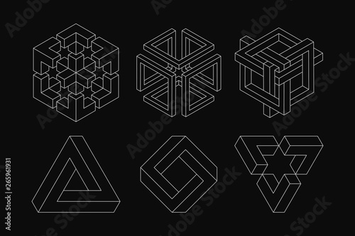 Set of impossible shapes. Optical Illusion. Sacred geometry. White shapes. on a black background.