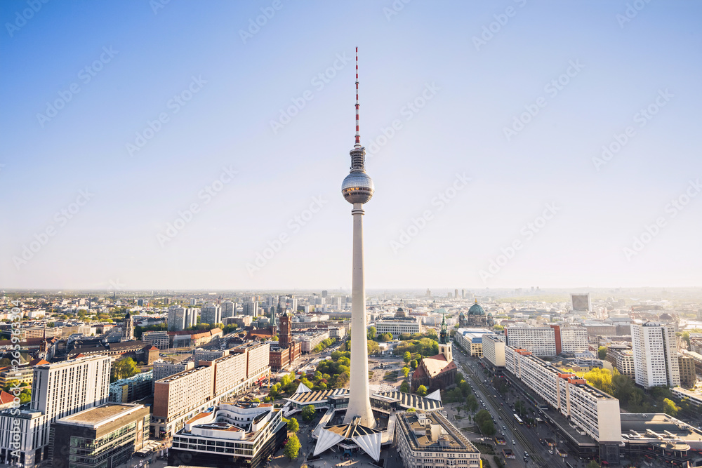 Aerial view of Berlin skyline with famous TV tower at Alexanderplatz in city center. Popular travel destination and tourist attraction, Germany - obrazy, fototapety, plakaty 