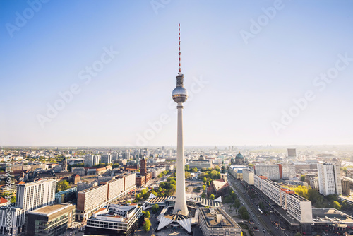 Aerial view of Berlin skyline with famous TV tower at Alexanderplatz in city center. Popular travel destination and tourist attraction  Germany