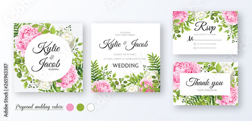 Wedding Invitation, thank you, rsvp card. Floral design with green watercolor leaves, pink and white flower rose, peony foliage greenery decorative print Vector elegant rustic greeting invite postcard
