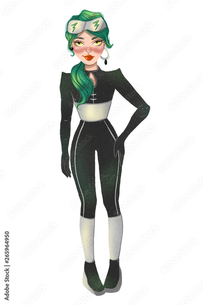 Beautiful girl in futuristic clothes and glasses. Hand-drawn illustration on white isolated background Beautiful girl in futuristic clothes and glasses. Hand-drawn illustration on white isolated background