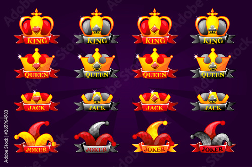 Playing cards icons with crown and ribbon. Poker symbols for casino and GUI graphic. King, queen, jack, ace and joker. Vector collection set objects on separate layers.