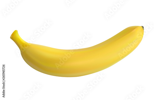 Banana realistic 3d illustration. Tasty sweet whole yellow vector banana for advertising and package design. Isolated on white.