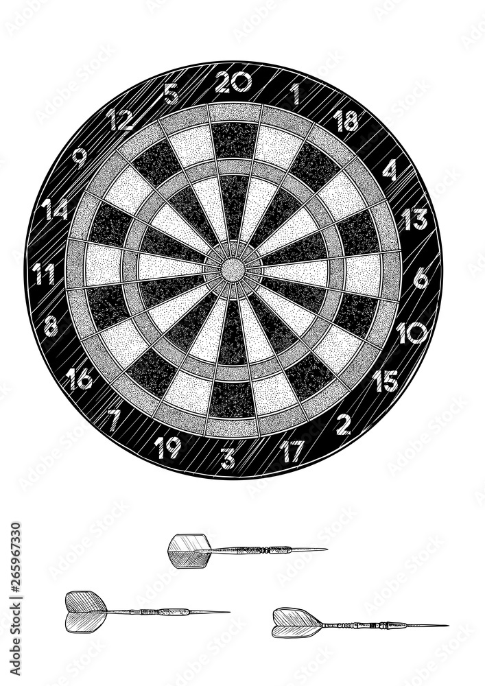 Darts and arrow illustration, drawing, engraving, ink, line art, vector