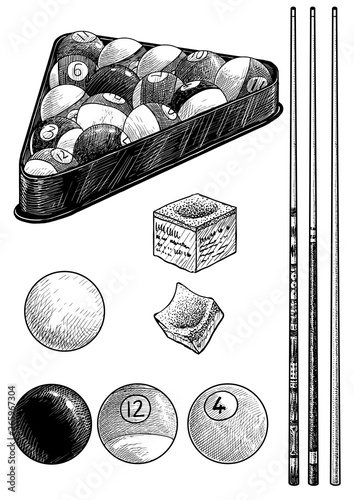 Billiard ball, cue, chalk illustration, drawing, engraving, ink, line art, vector