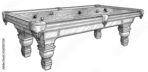 Billiard table illustration, drawing, engraving, ink, line art, vector