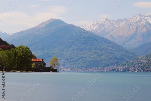 View of Lake Como and the Italian Alps on a spring day, Lombardy - April 2019