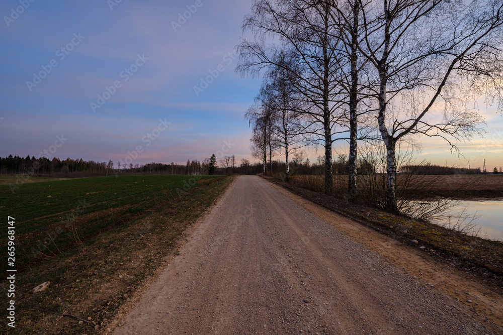 b eautiful countryside gravel road in sunset