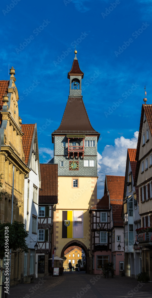 Obraz premium mittleres Vertorama des Schwaikheimer Torturms in Winnenden mit leerer Straße