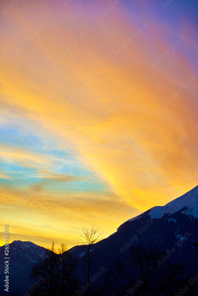Beautiful Winter sunrise. Tirol region, Austria. Sunset in mountains