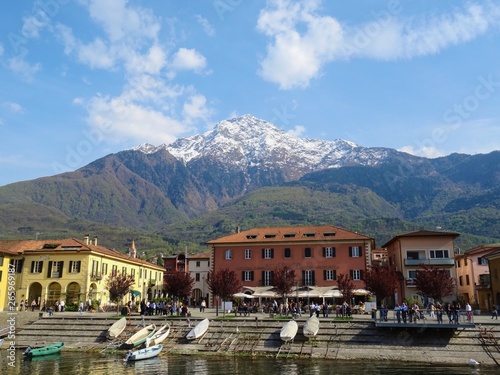 View of the lake Como and the town of Colico on a spring day, Italy - April 2019