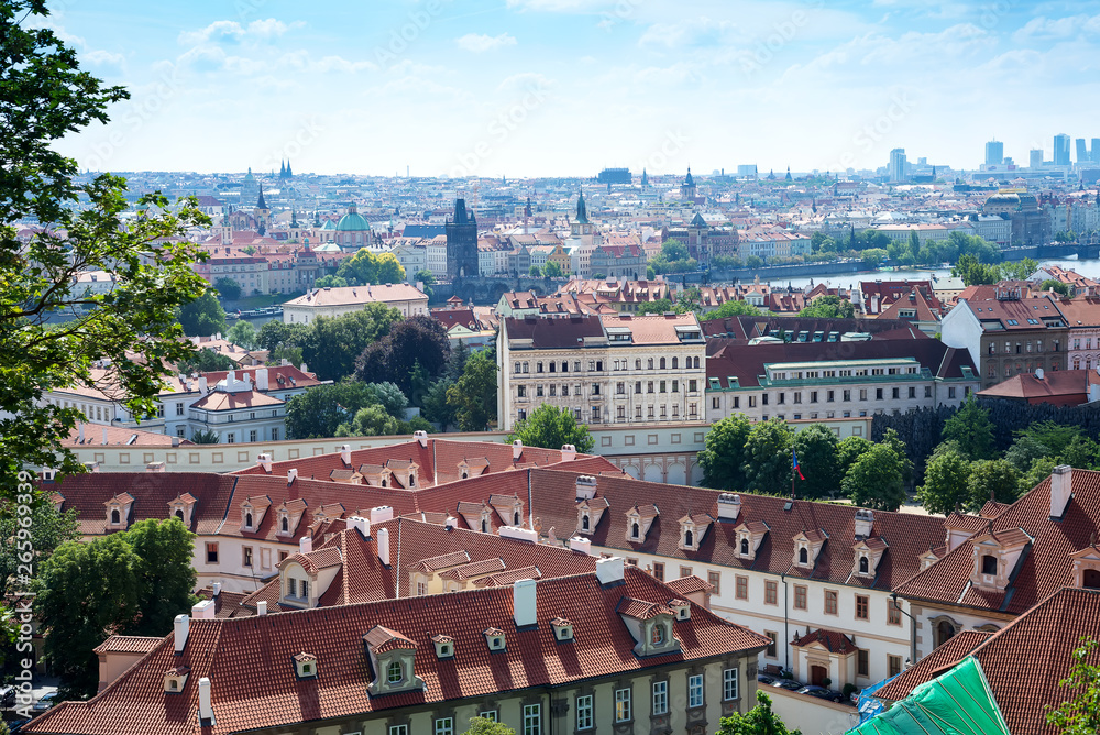 Old town cityscape of Praha with Red roofs in summer. Aeriel photo of the city Czech Republic