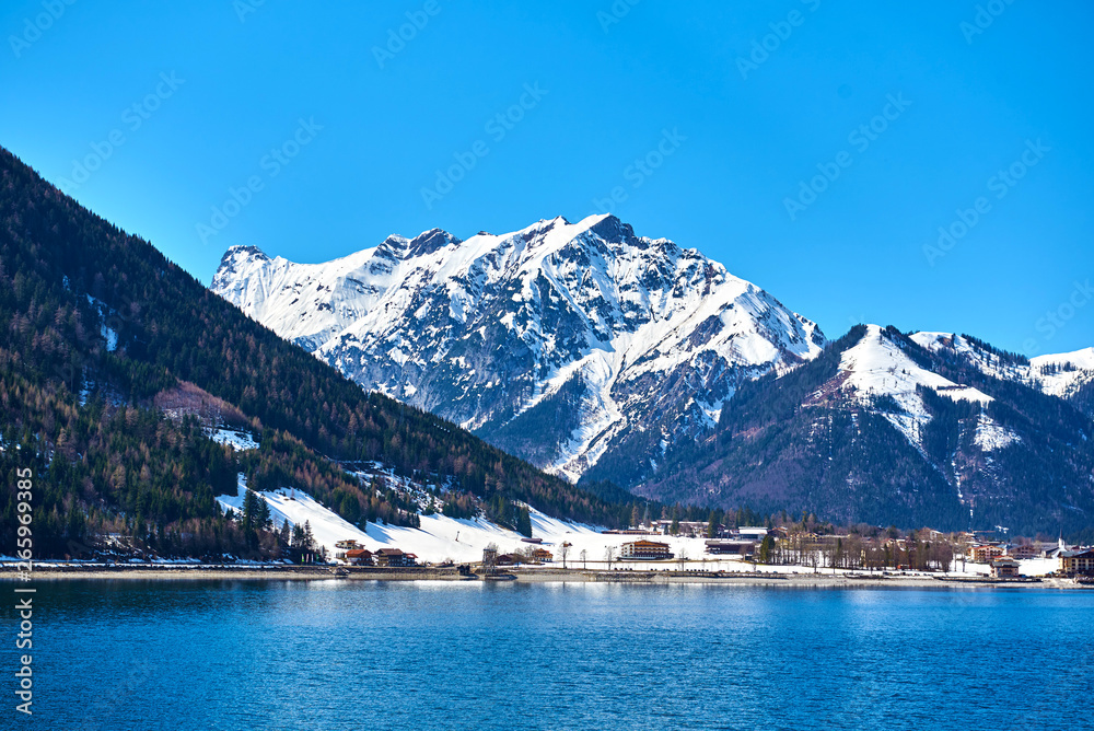 Beautiful landscape of lake Achen on a sunny day in the Austrian Alps. Photo taken in Spring.
