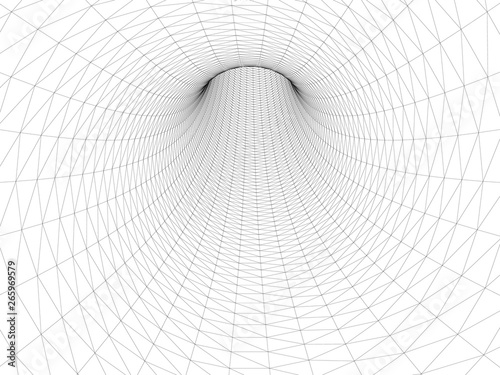 Wireframed hole. Vector abstract digital background. 3D tunnel grid. Wireframe 3D surface tunnel. Grid texture