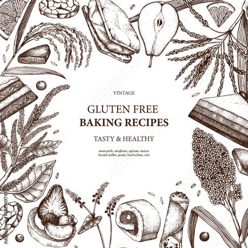 Gluten free baking frame. Hand drawn cereal crops sketches. Tasty and healthy food menu design. Great for cafe, bakery, packaging, menu, label. Vector pastry and desserts template.
