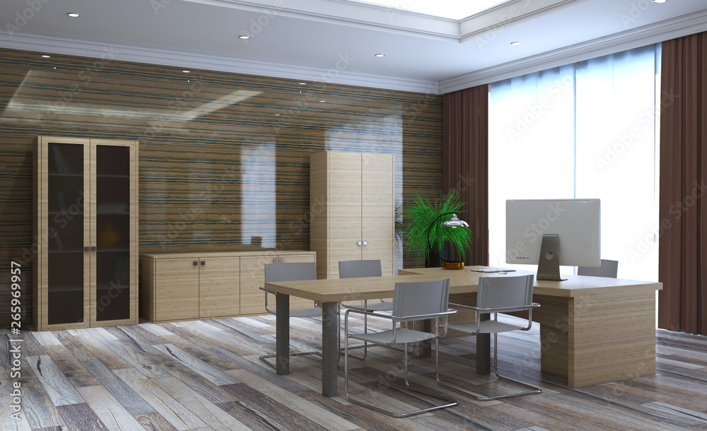 modern office with wooden walls and a large window. business background. 3D rendering. modern office with wooden walls and a large window. business background. 3D rendering.
