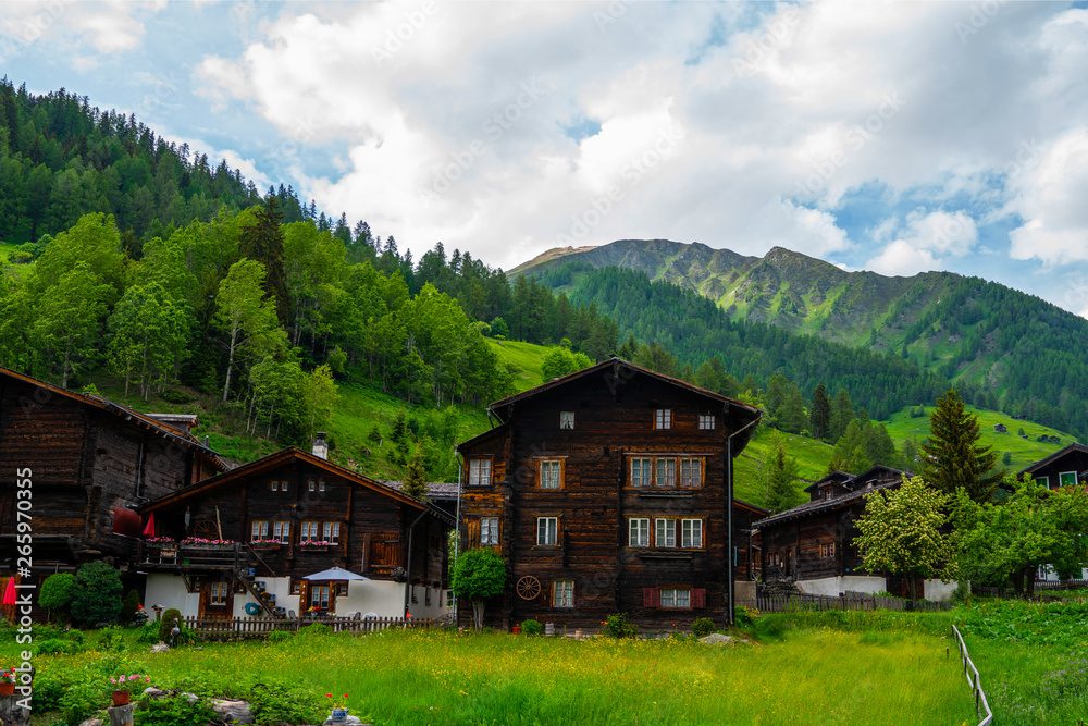Old historic mountain chalet in mountain village Ernen, Switzerland. Famous wooden chaletes in the Alps. Small village in canton of Valais. Nature landscape. Post card. Travel and vacation concept.