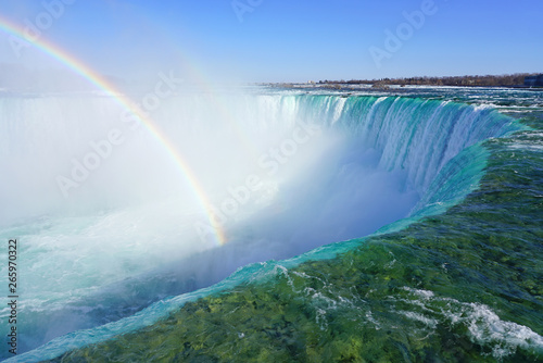 Rainbow over the Horseshoe Falls over frozen ice and snow on the Niagara River in Niagara Falls in March 2019