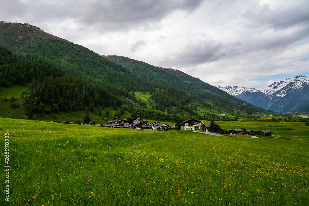 Colorful view of idyllic mountain scenery in the Alps with fresh green meadows on a beautiful day after a summer thunderstorm with a cloudy sky near village Ernen canton of Valais, Switzerland. Colorful view of idyllic mountain scenery in the Alps with fresh green meadows on a beautiful day after a summer thunderstorm with a cloudy sky near village Ernen canton of Valais, Switzerland.