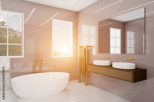Bathroom with large windows and decorative purple tiles. Golden plumbing.. Sunset. 3D rendering