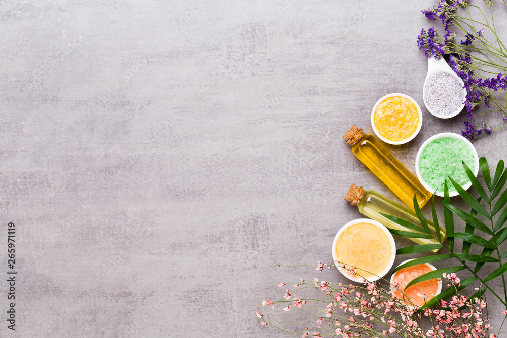 Beauty and aromatherapy concept with spa set on pastel rustic wooden background. Beauty and aromatherapy concept with spa set on pastel rustic wooden background.