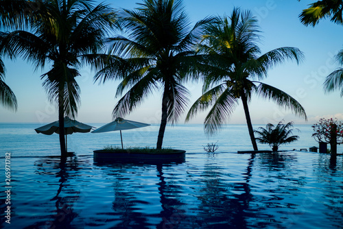 Swimming pool with palm trees near the ocean. Umbrellas, outdoor pool in hotel and resort with coconut palm tree on tthe bakground blue sky during sunset. Vacations in the tropics. Luxury holiday.