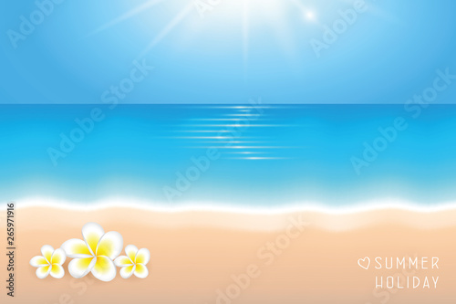 sunny day on the beach summer holiday background with frangipani tropical flowers vector illustration EPS10