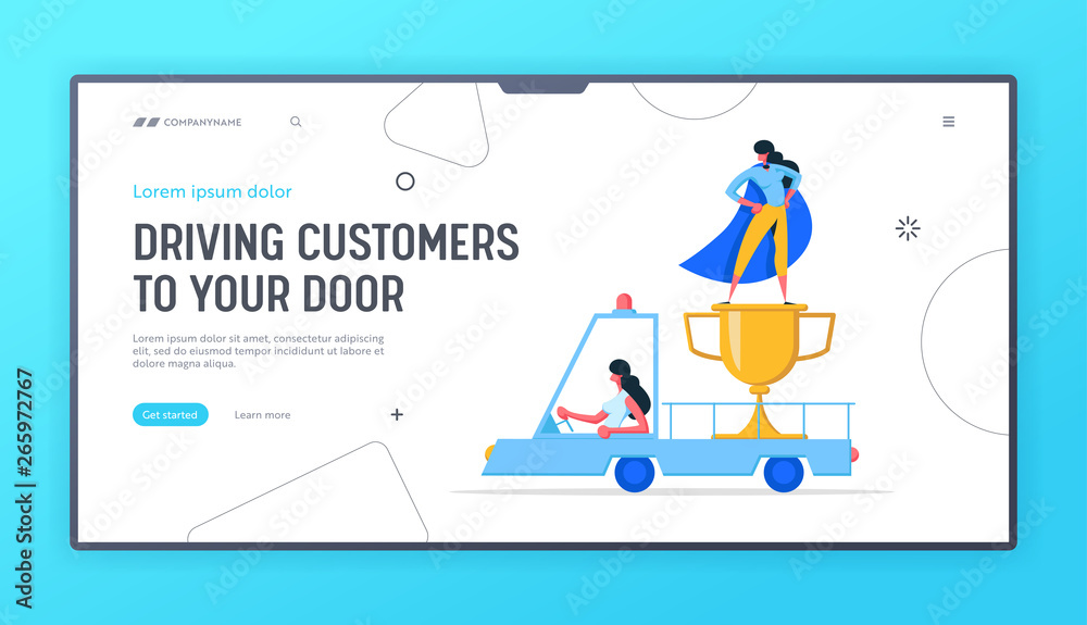 Businesswoman Character Super Hero with Golden Prize Landing Page. Woman Winner with Cup. Career Growth Leadership Concept Banner, Business Achievement Website. Vector flat illustration