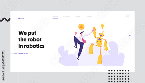 Businessman Giving High Five to Robot Landing Page Template. Artificial Intelligence Technology. Man and Droid Handshaking Partnership. Money for Good Idea Banner Website. Vector flat illustration