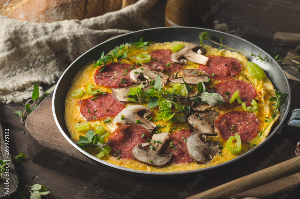 Homemade delish egg omelette with salami Homemade delish egg omelette with salami