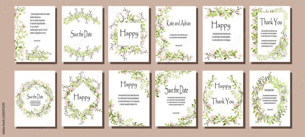 Fototapeta A set of greeting cards with flowers, leaves. Vector illustration. Decorative invitation for the holiday. Wedding, birthday. Universal cards. Pink flowers and decorative leaves.