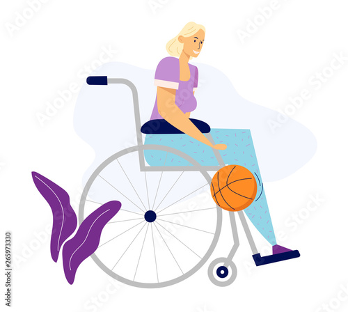 Handicapped Woman in Wheelchair Playing Basketball. Disabled Athlete Sportswoman, Rehabilitation Physical Activity Concept. Vector flat cartoon illustration