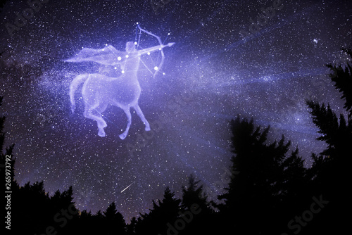 Sagittarius zodiac sign. Archer centaur shoots a bow, horoscope astrology icon, Greek mythology. Elements of this image furnished by NASA. photo