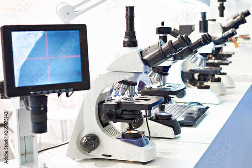 Modern stereo microscopes with monitor photo