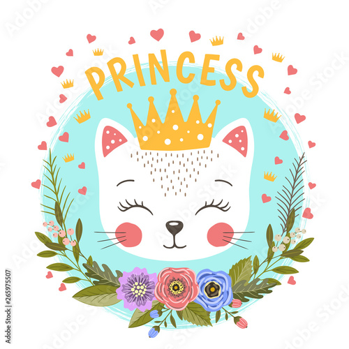 Cat girl face with crown, flowers. Princess slogan. Cute cartoon vector illustration