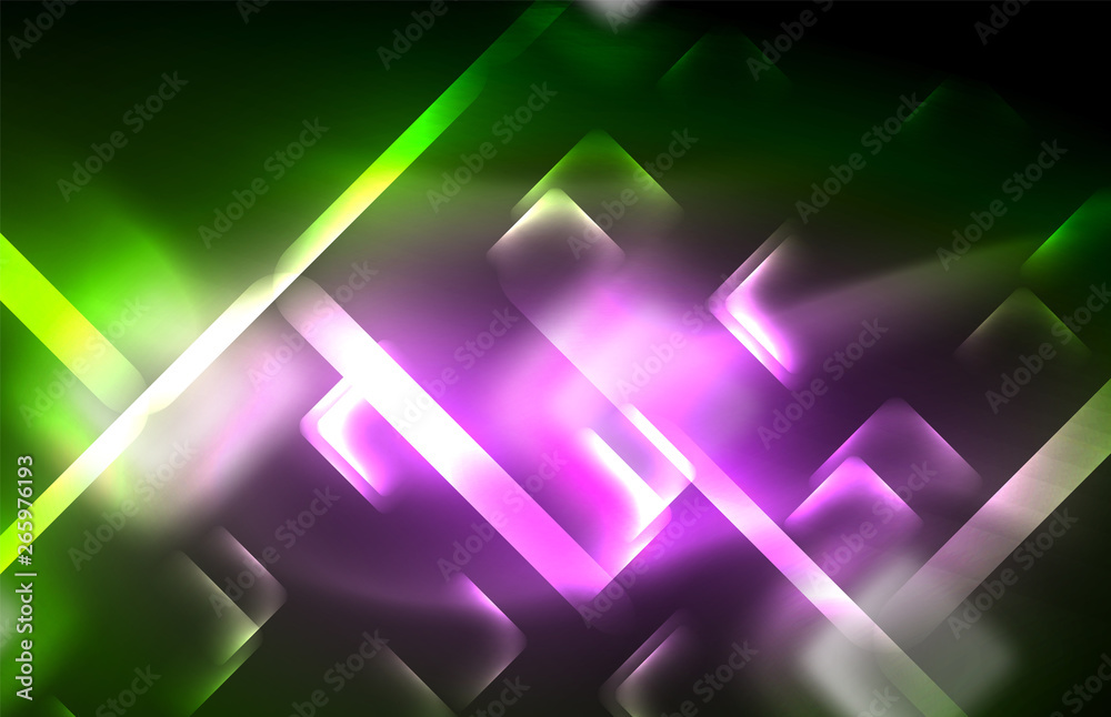 Neon shiny light lines on black, techno modern template