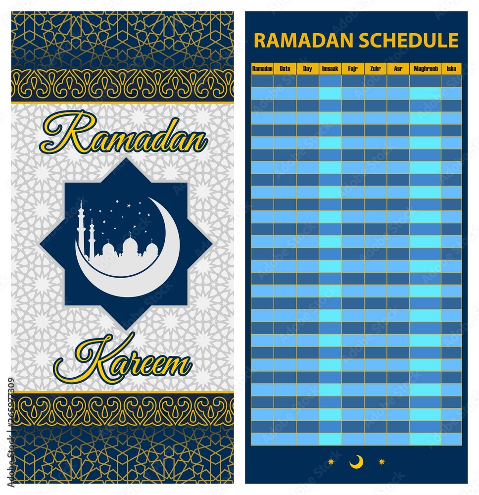 rack retort Maladroit Ramadan Calendar Schedule - Fasting, Iftar and Prayer time table Guide.  Translation: Holy Ramadan. Morning, Sunrise, Noon, Afternoon, Evening,  Night Stock Vector | Adobe Stock